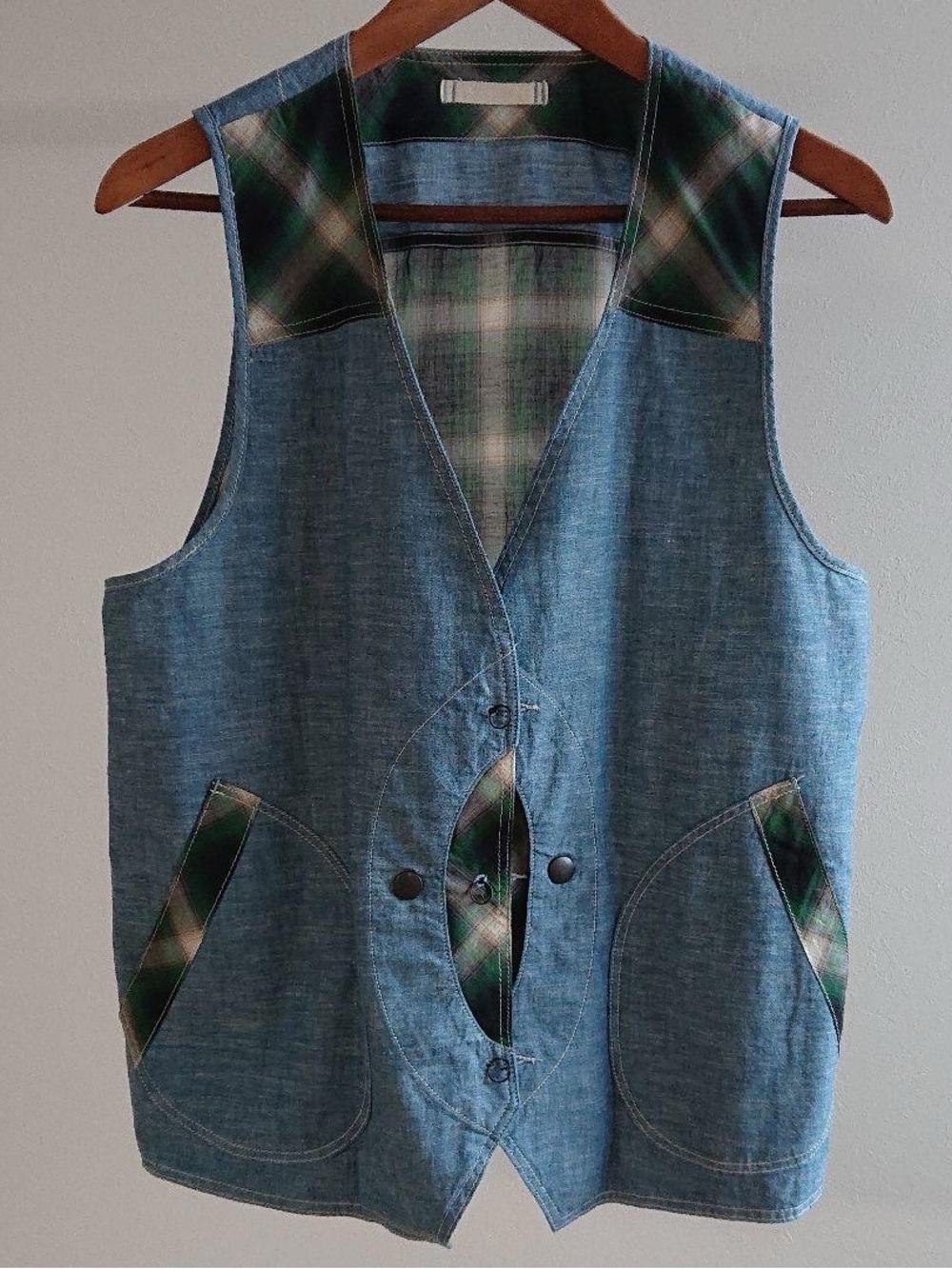 Gaijin Made light Denim Reversible Vest with Green Plaid
